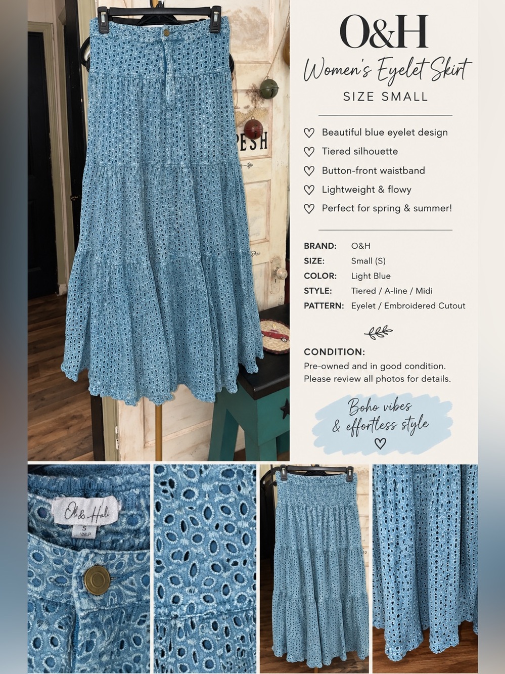 Oli & Hali Light Blue Tiered Eyelet Maxi Skirt - Picture 1 of 6